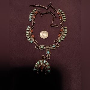 Sterling silver naja turquoise and coral navajo necklace old pawn toned